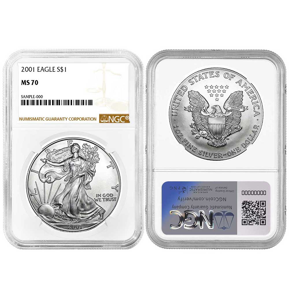 2001 $1 American Silver Eagle NGC MS70 Brown Label - Pinehurst Coins