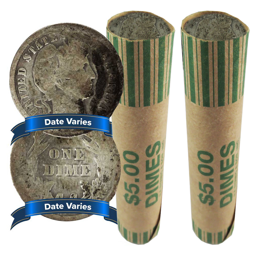 2 Rolls 50 - $10 Face Value Cull 90% Silver Barber Dimes - Foto 1 di 3