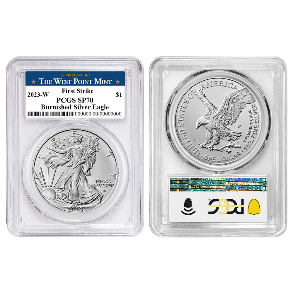 2023-W Burnished $1 American Silver Eagle PCGS SP70 FS West Point