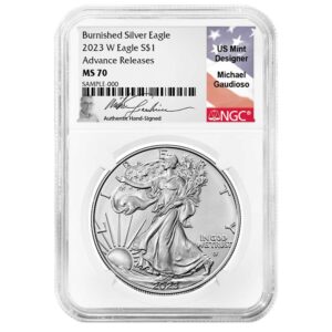 2023-W Burnished $1 American Silver Eagle NGC MS70 AR Gaudioso Flag Signature Label