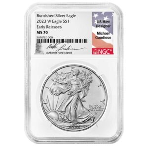 2023-W Burnished $1 American Silver Eagle NGC MS70 ER Gaudioso Flag Signature Label