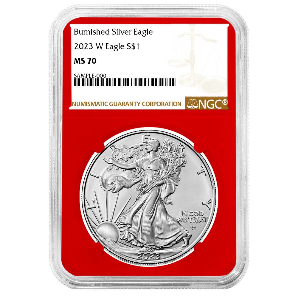 2023-W Burnished $1 American Silver Eagle NGC MS70 Brown Label Red Core
