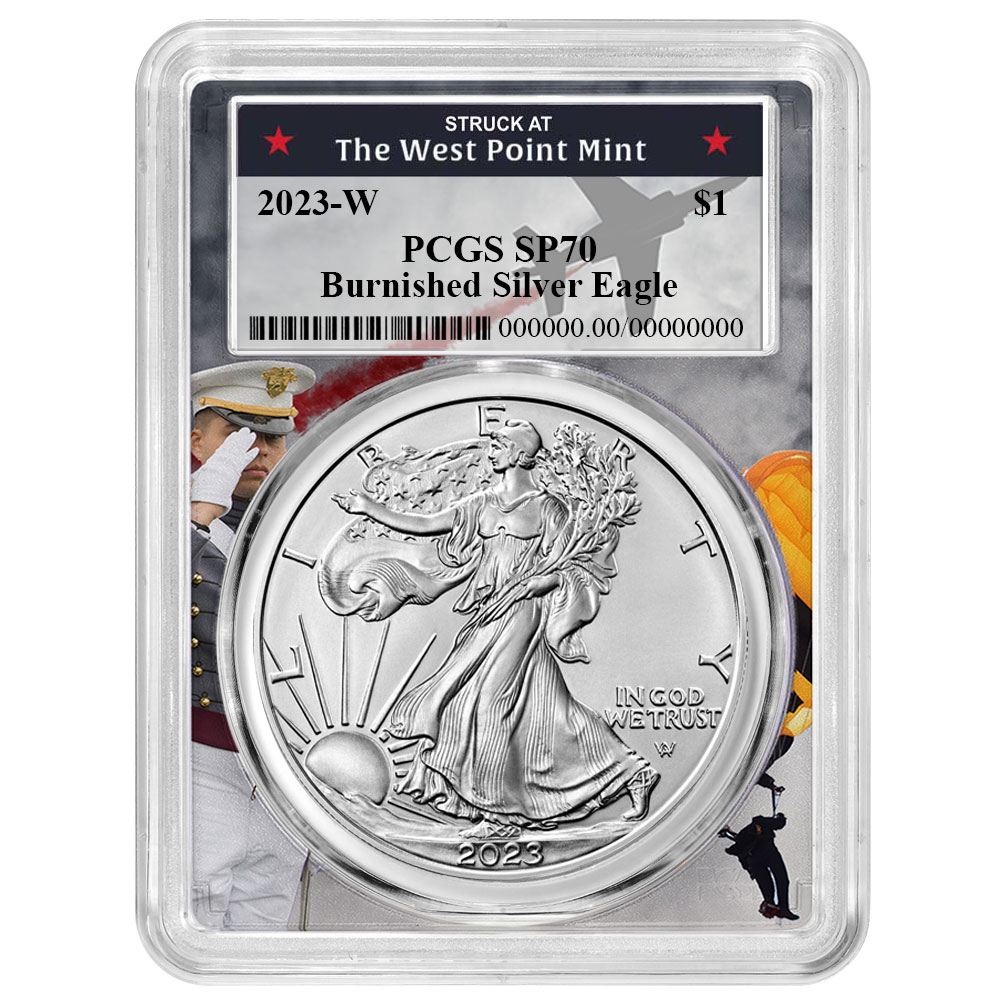 2023-W Burnished $1 American Silver Eagle PCGS SP70 FS West Point Frame