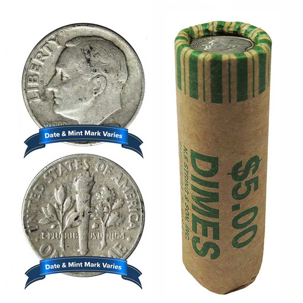 Roll of 50 - $5 Face Value Full Dates 90% Silver Roosevelt Dimes