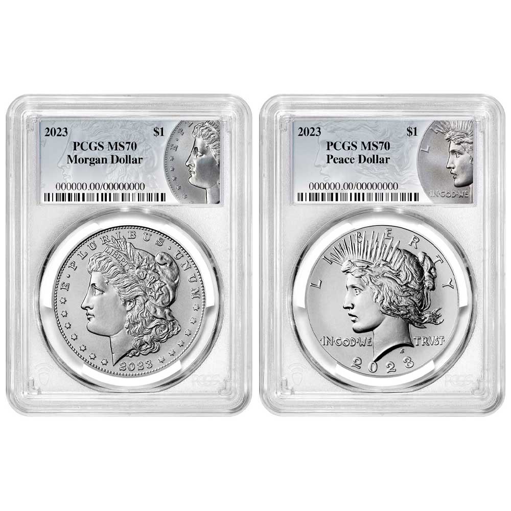 2023 $1 Morgan and Peace Silver Dollar 2pc Set PCGS MS70 Morgan