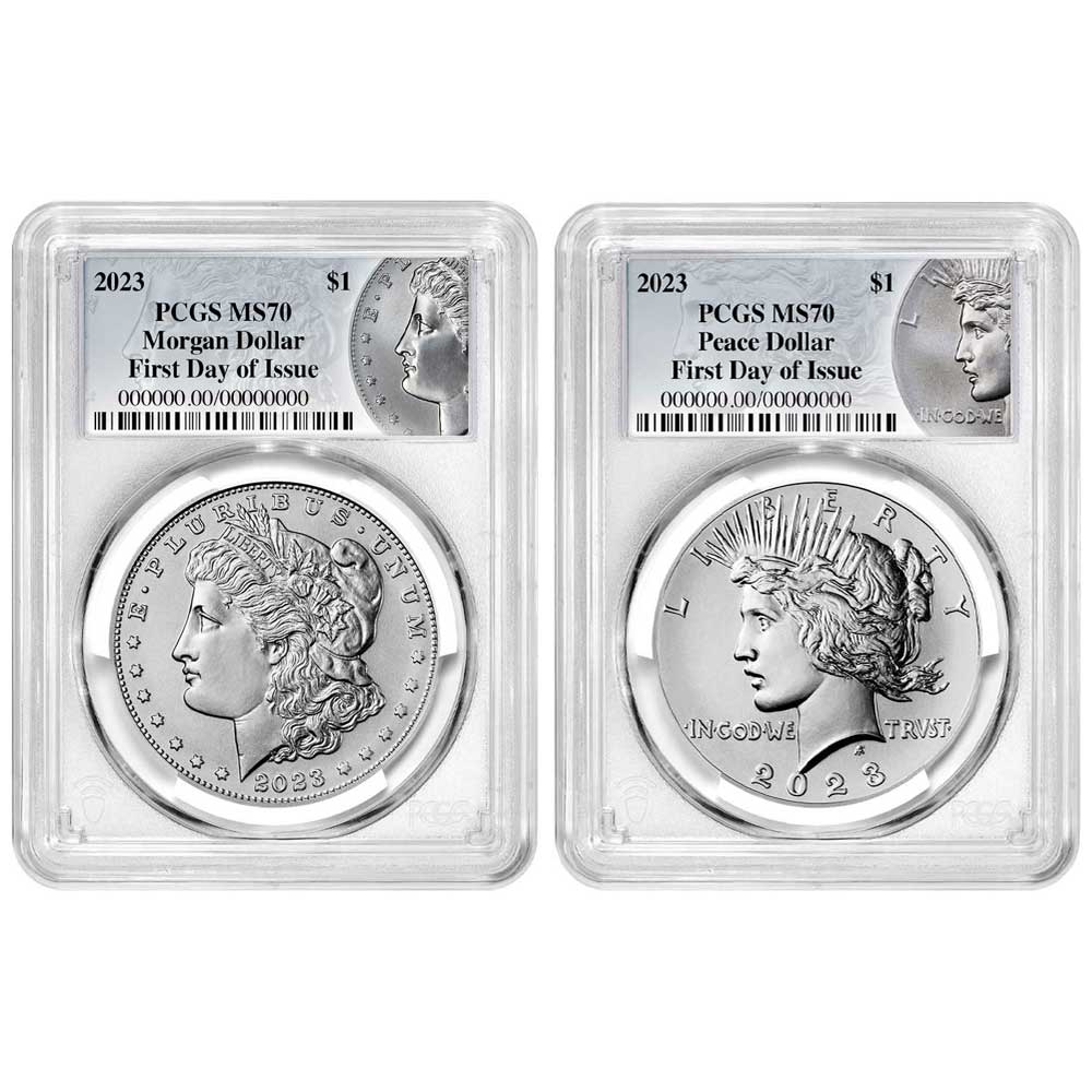 2023 $1 Morgan and Peace Silver Dollar 2pc Set PCGS MS70 FDOI Morgan & Peace Label