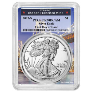 2023-S Proof $1 American Silver Eagle PCGS PR70DCAM FDOI Bay Bridge Frame