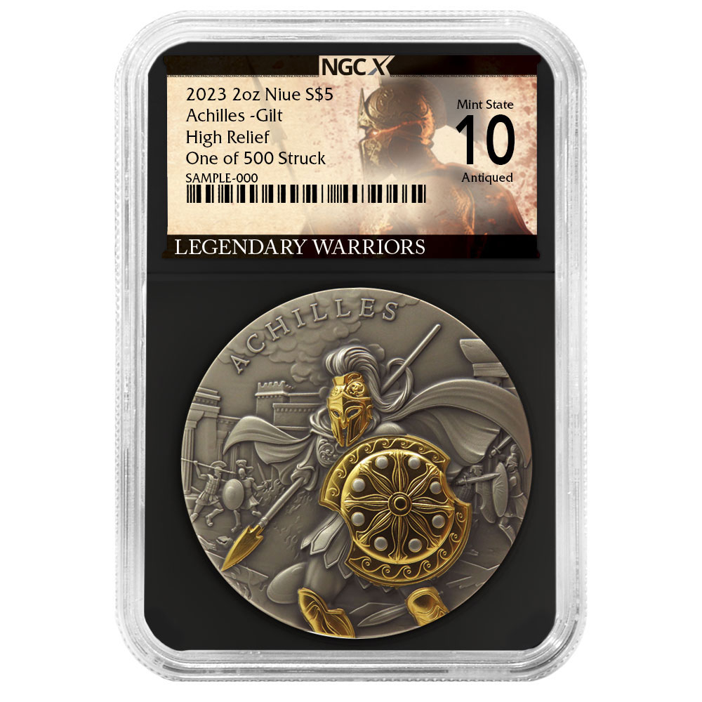 2023 Achilles 2 oz High Relief Silver Antiqued & Gold Gilded Coin