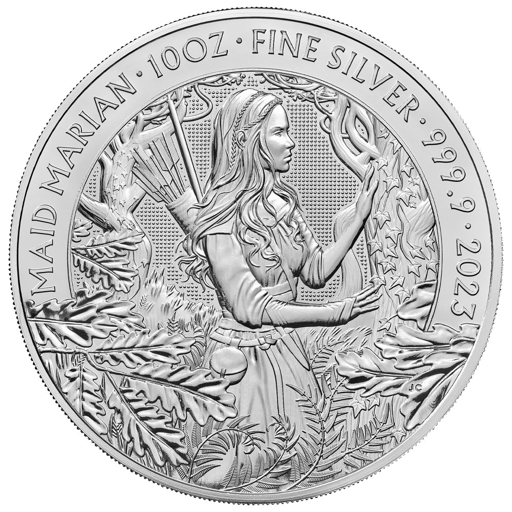 2023 U.K. 10 Pound Myth & Legends Maid Marian 10 oz Silver Brilliant  Uncirculated - Pinehurst Coins