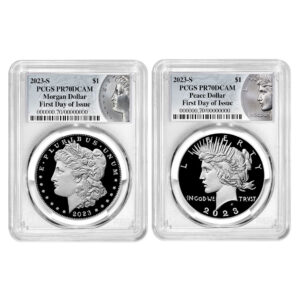 2023-S Proof $1 Morgan and Peace Silver Dollar 2pc Set PCGS PR70DCAM FDOI Morgan & Peace Label