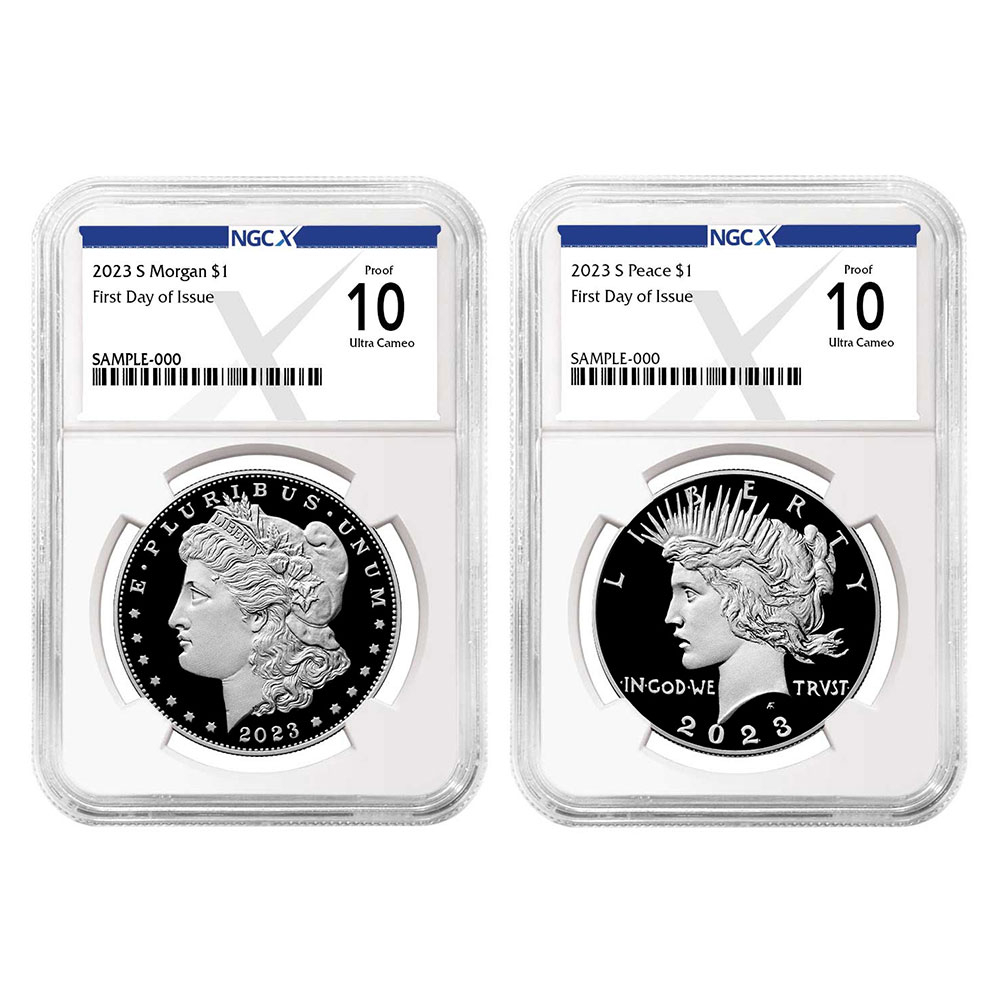 2023-S Proof $1 Morgan and Peace Silver Dollar 2pc Set NGCX PF10UC FDI X Label