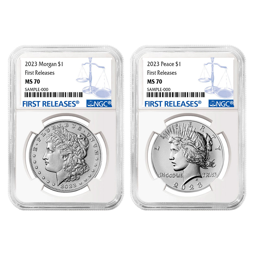 2023 $1 Morgan and Peace Silver Dollar 2pc Set NGC MS70 FR Blue