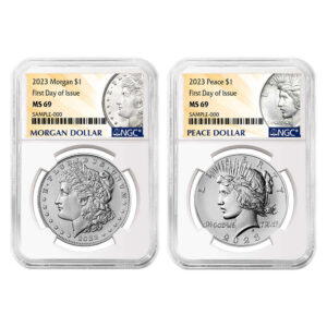 2023 $1 Morgan and Peace Silver Dollar 2pc Set NGC MS69 FDI Morgan & Peace Label