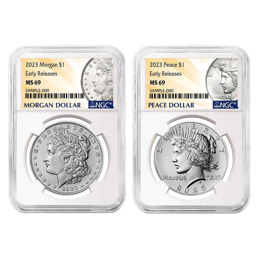 2023 $1 Morgan and Peace Silver Dollar 2pc Set NGC MS69 ER Morgan