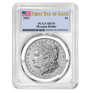 2023 $1 Morgan Silver Dollar PCGS MS70 FDOI Flag Label