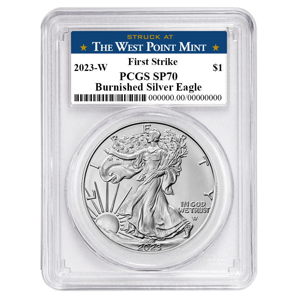 2023-W Burnished $1 American Silver Eagle PCGS SP70 FS West Point
