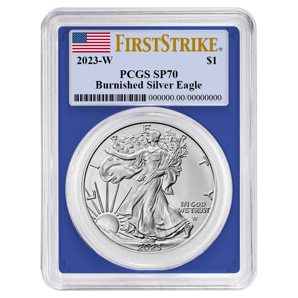 2023-W Burnished $1 American Silver Eagle PCGS SP70 FS Flag Label Blue Frame