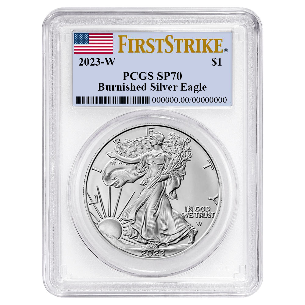 2023-W Burnished $1 American Silver Eagle PCGS SP70 FS Flag Label White Frame