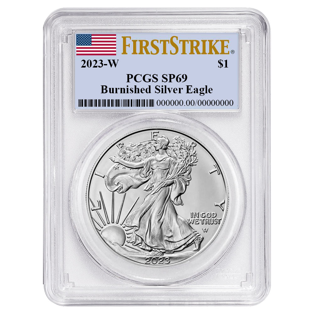 2023-W Burnished $1 American Silver Eagle PCGS SP69 FS Flag Label