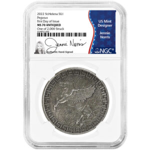 2022 £1 St. Helena "Jennie Norris" Silver Pegasus Antique Finish NGC MS70 FDI Jennie Norris Flag Label