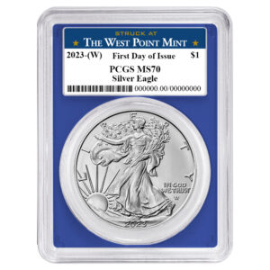 2023 (W) $1 American Silver Eagle PCGS MS70 FDOI West Point Label Blue Frame