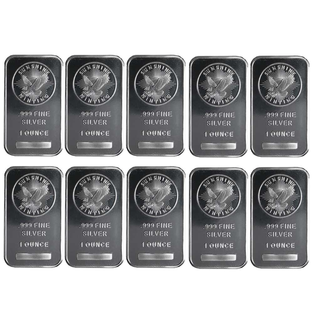 Lot of 10 - 1 Troy oz Sunshine Mint .999 Fine Silver Bar Mint Mark SI Sealed