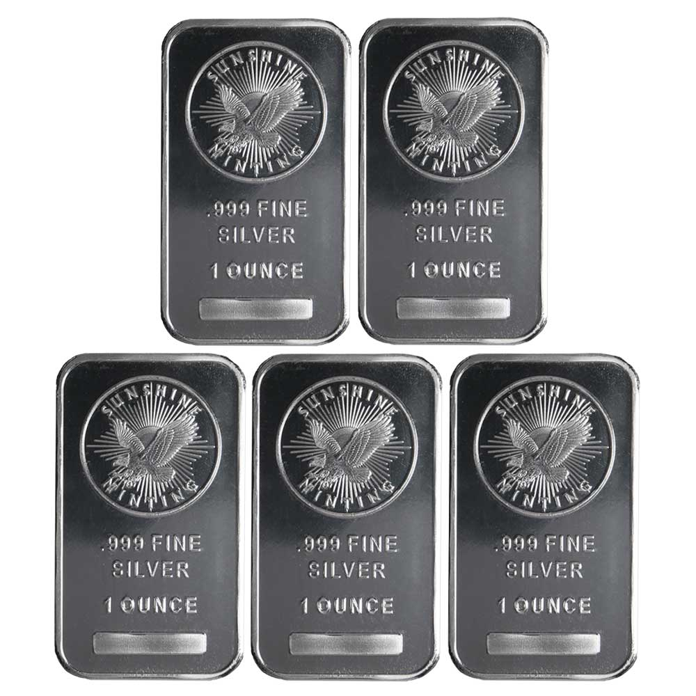 Lot of 5 - 1 Troy oz Sunshine Mint .999 Fine Silver Bar Mint Mark SI Sealed