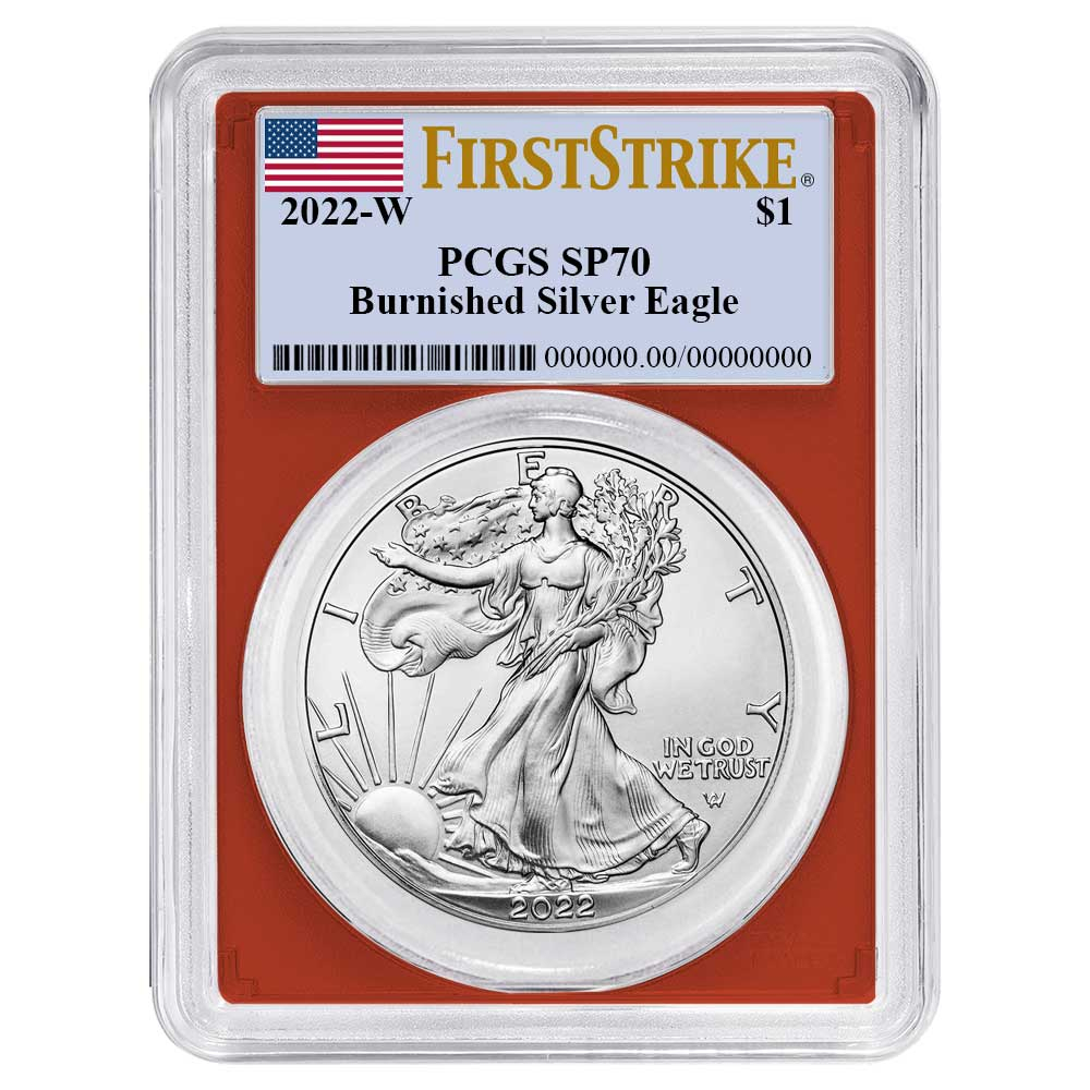 2022-W Burnished $1 American Silver Eagle PCGS SP70 FS Flag Label Red Frame