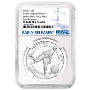 2022 Proof $1 Negro Leagues Baseball Silver Dollar with Privy Mark NGC PF70UC ER Blue Label