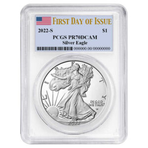 2022-S Proof $1 American Silver Eagle PCGS PR70DCAM FDOI Flag Label White Frame