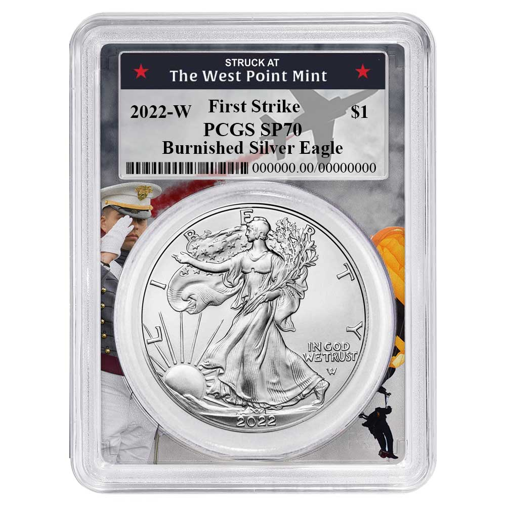 2022-W Burnished $1 American Silver Eagle PCGS SP70 FS West Point Frame