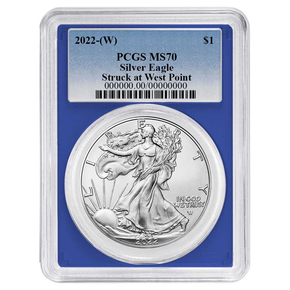 2022 (W) $1 American Silver Eagle PCGS MS70 Blue Label Blue Frame