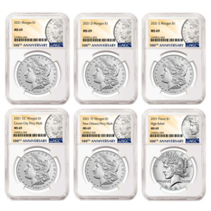 2021 $1 Morgan and Peace Silver Dollar 6pc Set NGC MS69 100th Anni. Label