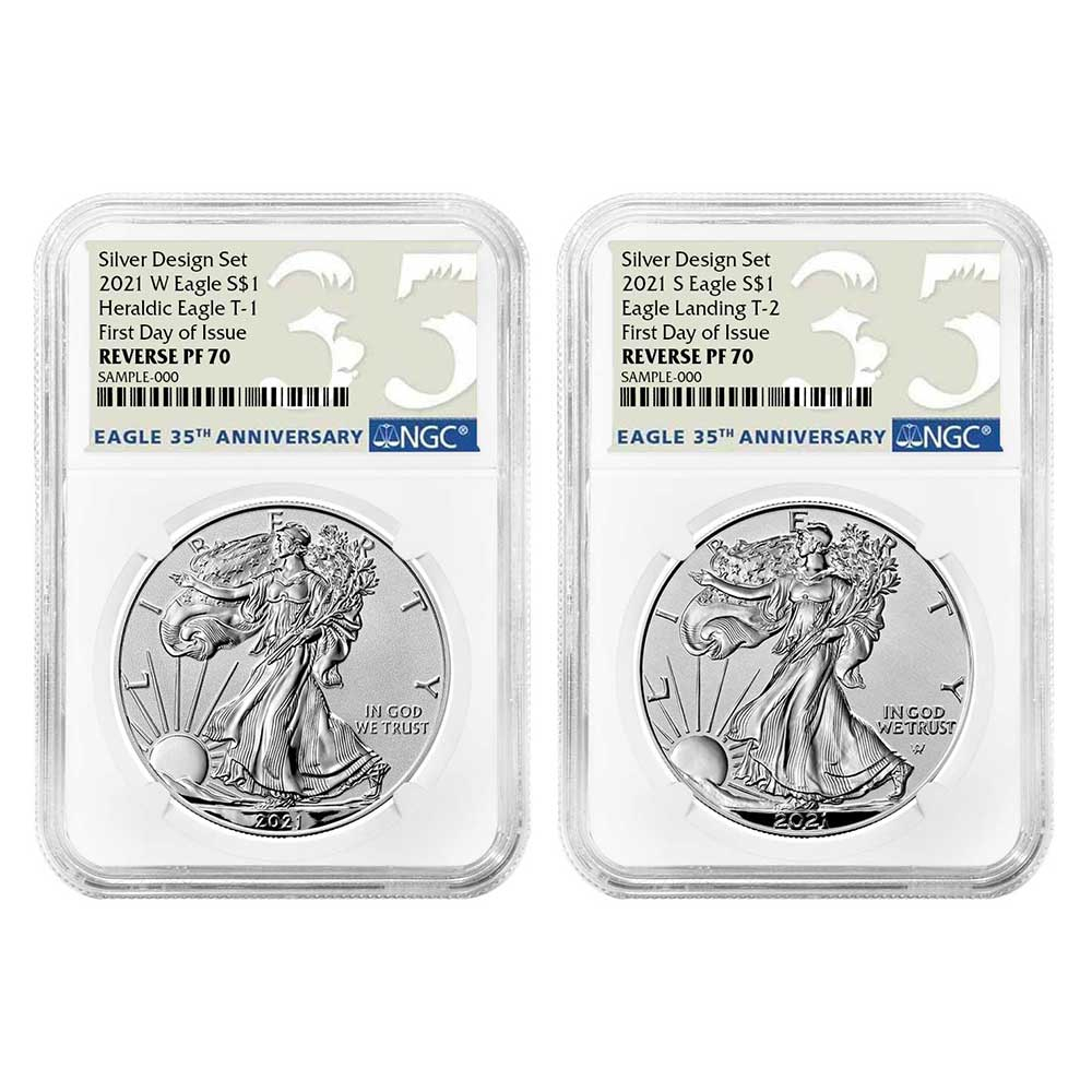 2021 Reverse Proof American Silver Eagle Designer 2pc Set NGC PF70 FDI 35th Annvi. Label