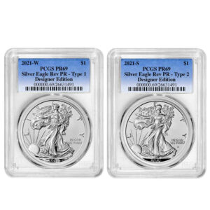 2021 Reverse Proof American Silver Eagle Designer 2pc Set PCGS PR69 Blue Label