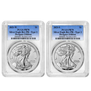 2021 Reverse Proof American Silver Eagle Designer 2pc Set PCGS PR70 Blue Label