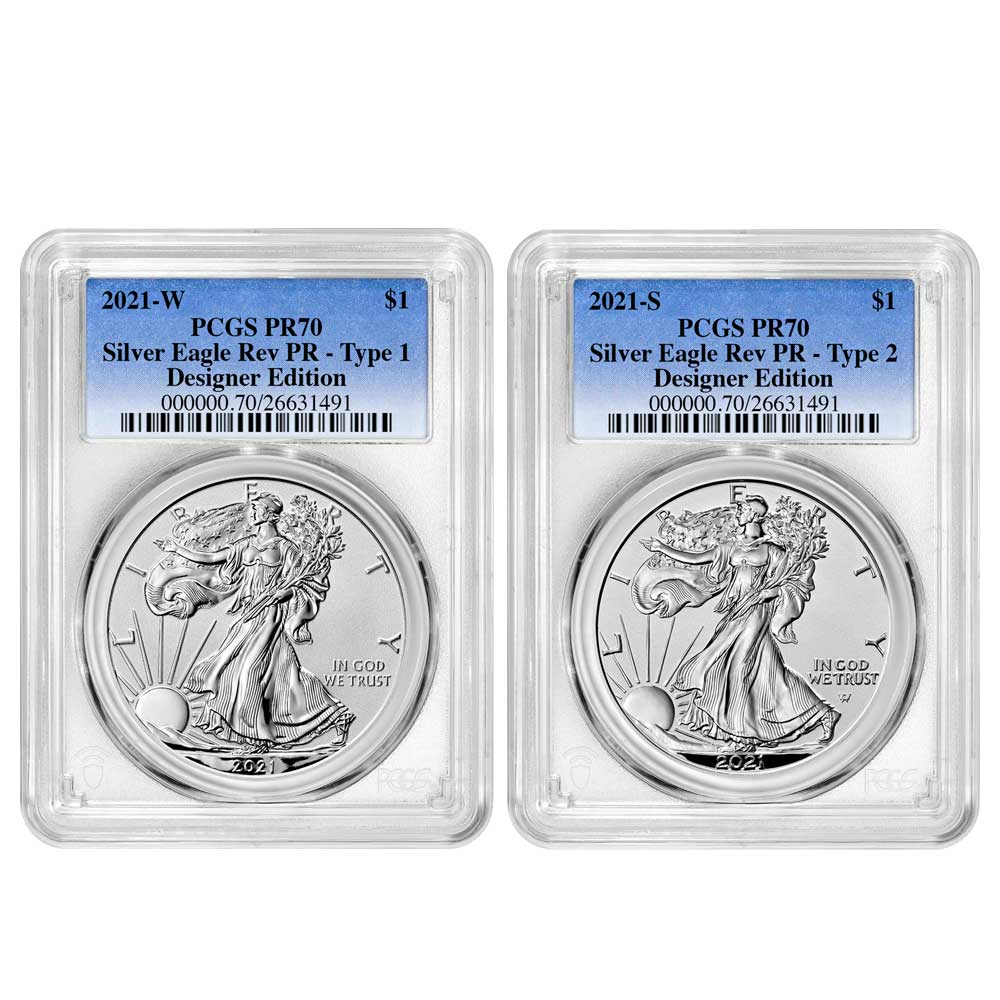 2021 Reverse Proof American Silver Eagle Designer 2pc Set PCGS PR70 Blue Label