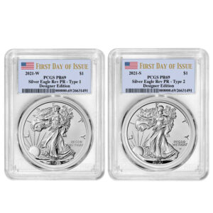 2021 Reverse Proof $1 American Silver Eagle Designer 2pc Set PCGS PR69 FDOI Flag Label