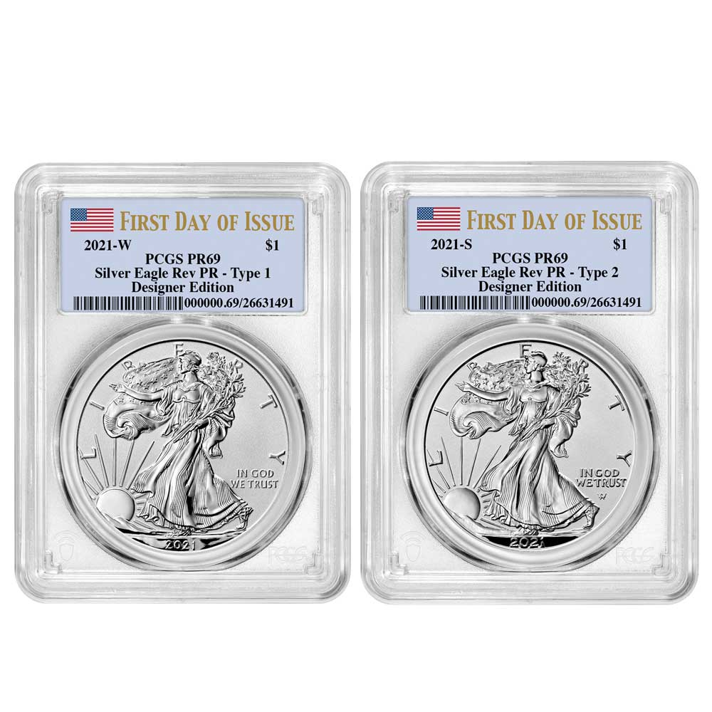 2021 Reverse Proof $1 American Silver Eagle Designer 2pc Set PCGS PR69 FDOI Flag Label