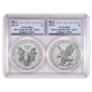 2021 Reverse Proof American Silver Eagle Designer 2pc Set PCGS PR70 FDOI Flag Label Dual Core