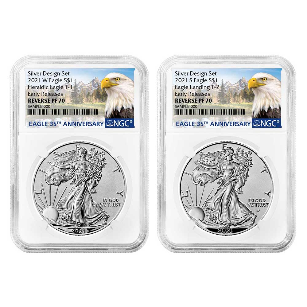 2021 Reverse Proof American Silver Eagle Designer 2pc Set NGC PF70 ER 35th Anni. Eagle Label