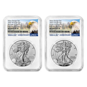 2021 Reverse Proof American Silver Eagle Designer 2pc Set NGC PF70 FDI 35th Anni. Eagle Label