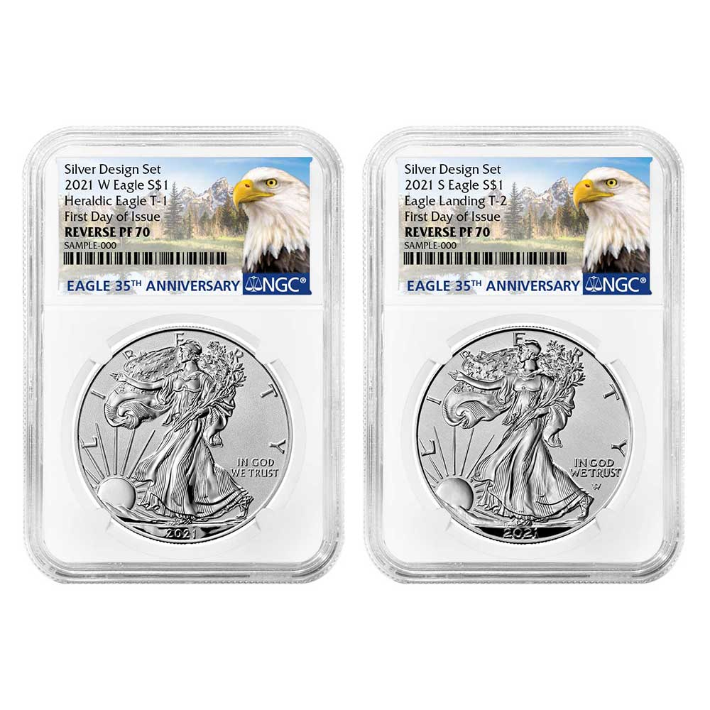 2021 Reverse Proof American Silver Eagle Designer 2pc Set NGC PF70 FDI 35th Anni. Eagle Label