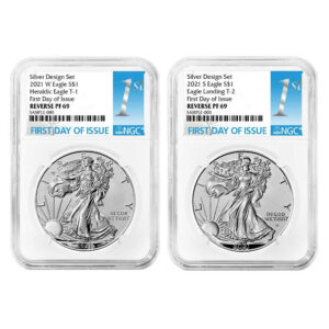 2021 Reverse Proof American Silver Eagle Designer 2pc Set NGC PF69UC FDI First Label