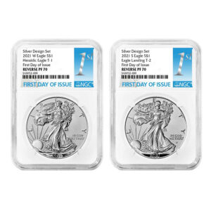 2021 Reverse Proof American Silver Eagle Designer 2pc Set NGC PF70 FDI First Label