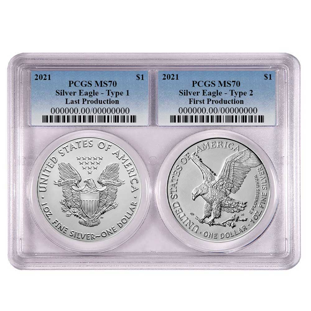 2021 $1 Type 1, Type 2 Silver Eagle Set PCGS MS70 First and Last