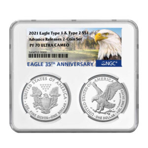 2021-W Proof $1 Type 1 and Type 2 Silver Eagle Set NGC PF70UC Advance Releases 35th Anniversary Label