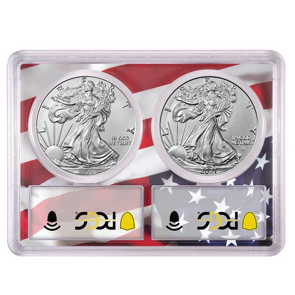 2021 $1 Type 1 and Type 2 Silver Eagle Set PCGS MS69 FS Flag Frame