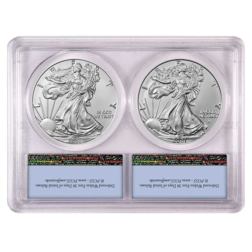 2021 $1 Type 1 and Type 2 Silver Eagle Set PCGS MS69 FS Flag Label