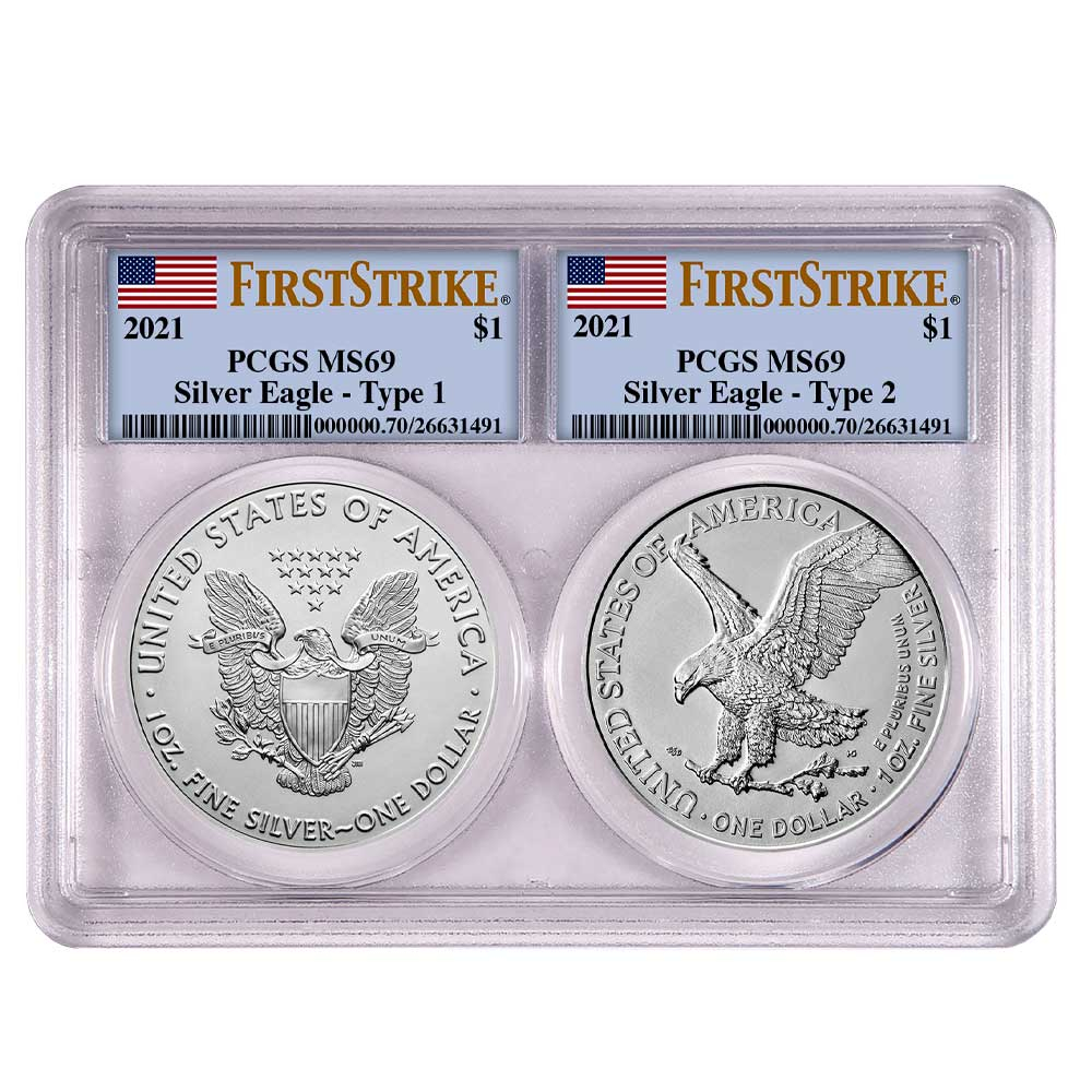2021 $1 Type 1 and Type 2 Silver Eagle Set PCGS MS69 FS Flag Label
